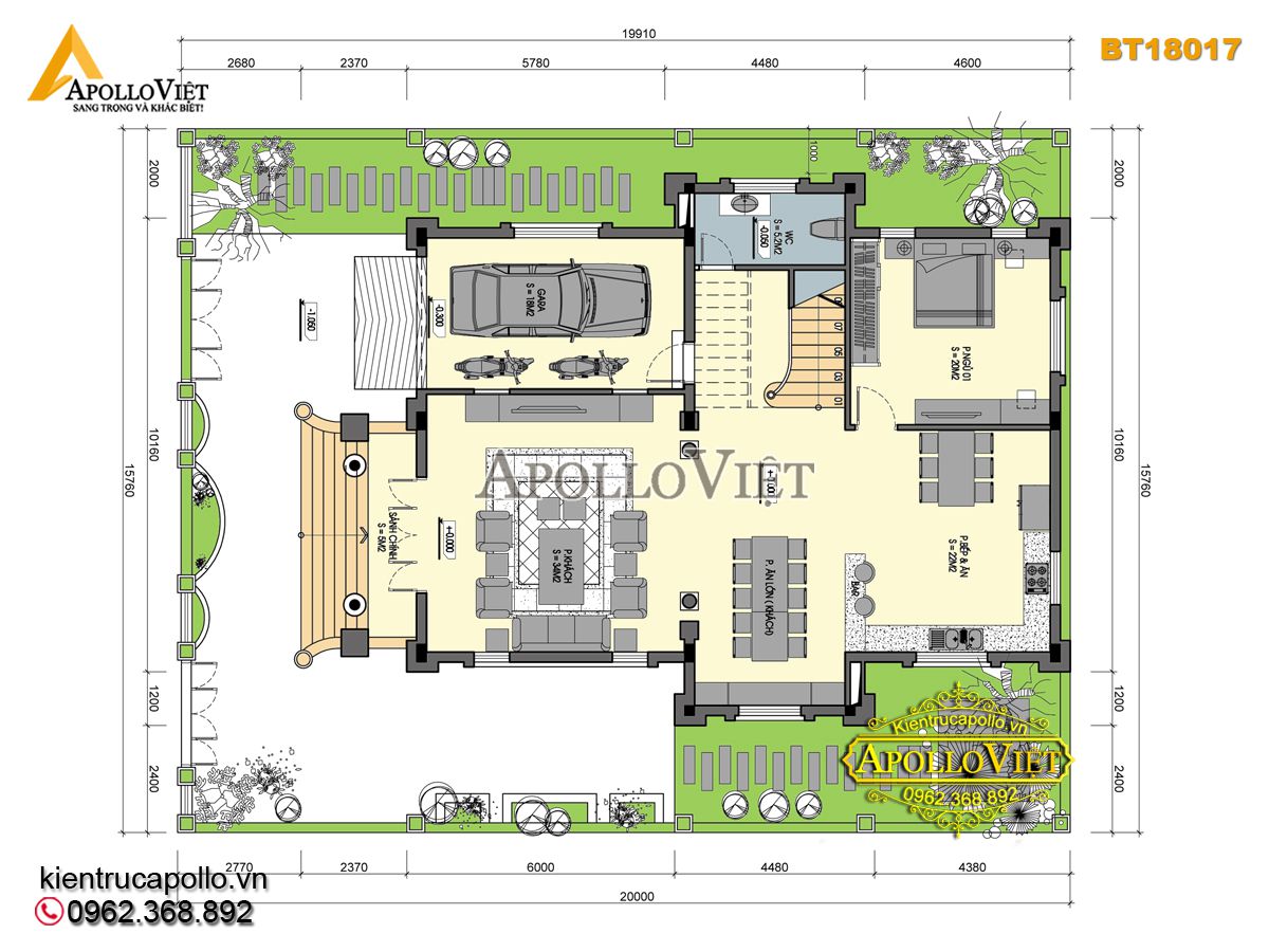 Mặt bằng tầng 1 biệt thự đẹp