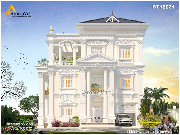 Thiết kế biệt thự kiểu Pháp với đặc trưng mái vòm cầu kỳ và hệ thống trụ cột vuông