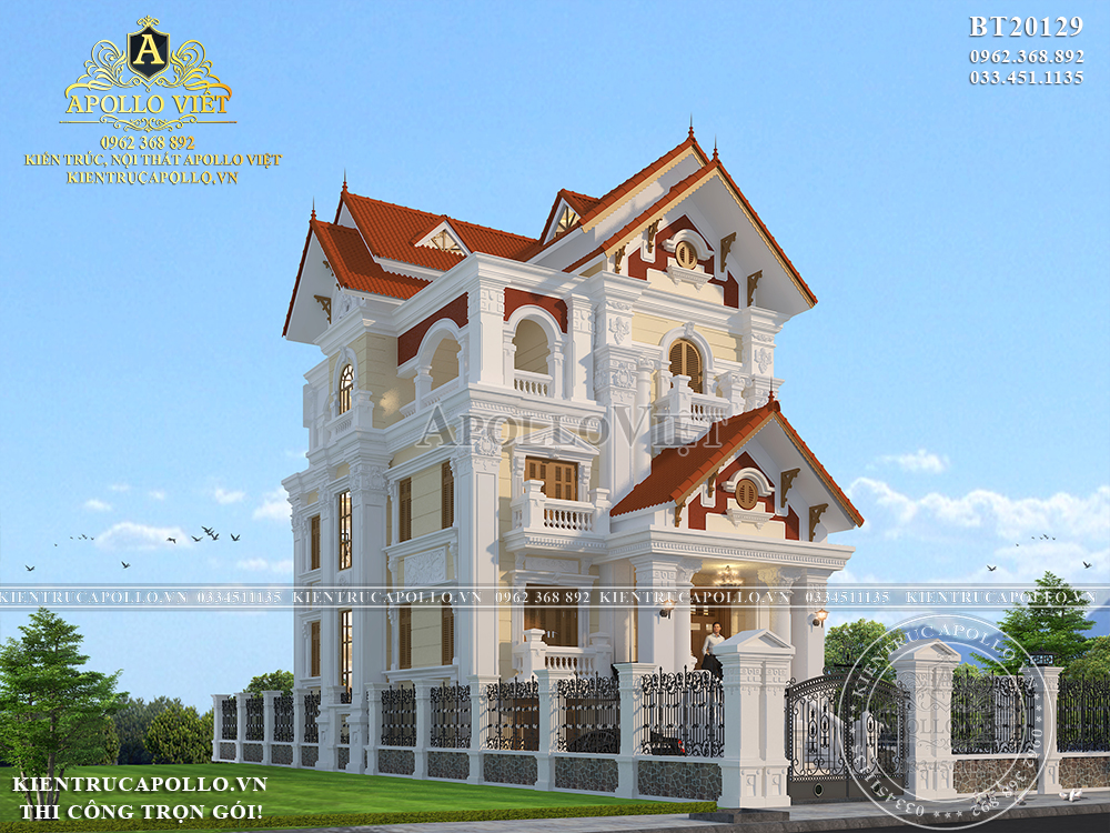 Cận cảnh mẫu Biệt thự 3 tầng mái Thái Tân cổ điển BT20129