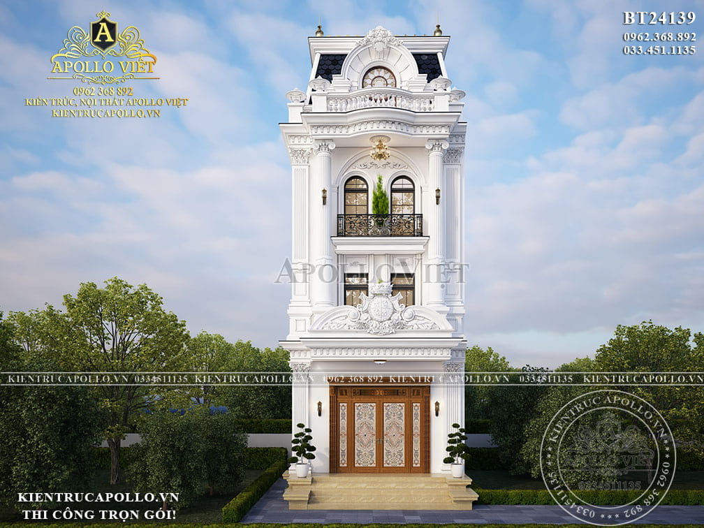 Trọn Bộ Thiết Kế Biệt Thự Phố Tân Cổ Điển 3 Tầng 1 Tum Trắng – Đẹp Như Mơ BT24139