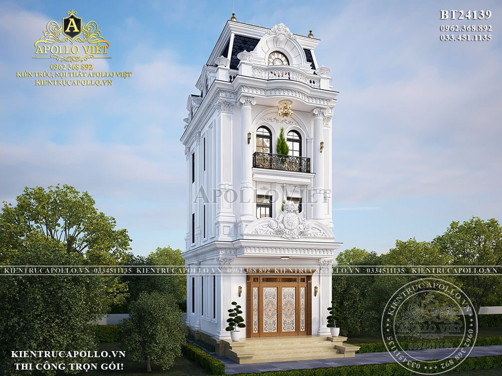 Trọn Bộ Thiết Kế Biệt Thự Phố Tân Cổ Điển 3 Tầng 1 Tum Trắng – Đẹp Như Mơ BT24139