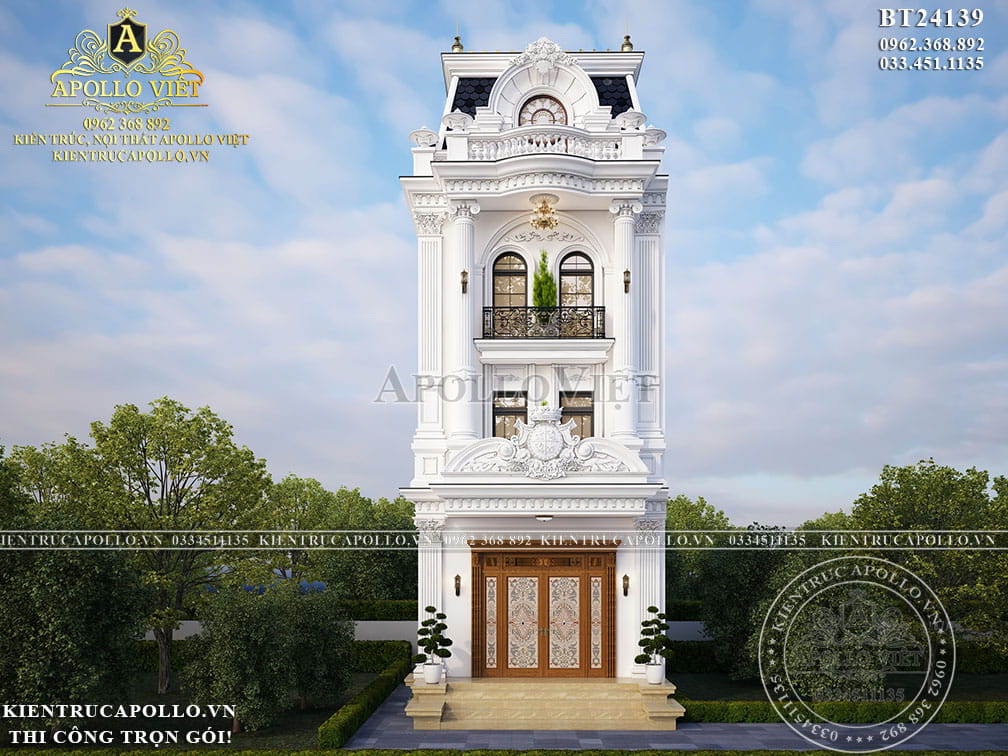 Trọn Bộ Thiết Kế Biệt Thự Phố Tân Cổ Điển 3 Tầng 1 Tum Trắng – Đẹp Như Mơ BT24139