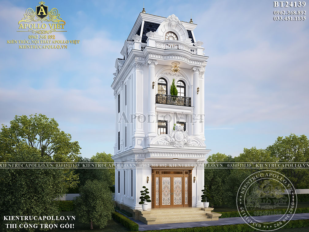 Trọn Bộ Thiết Kế Biệt Thự Phố Tân Cổ Điển 3 Tầng 1 Tum Trắng – Đẹp Như Mơ BT24139