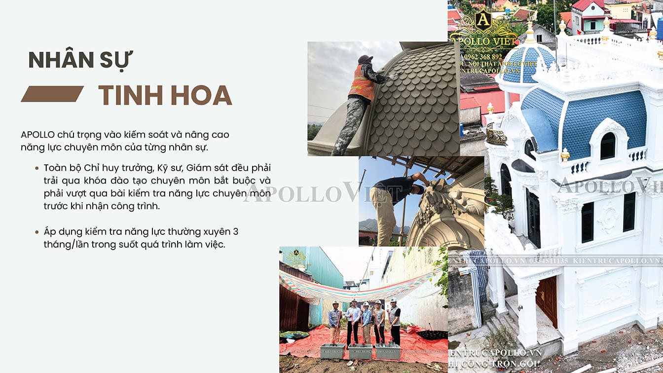 Đội ngũ thợ thi công đắp vẽ hoa văn phào chỉ biệt thự tân cổ điển tay nghề cao của Apollo Việt